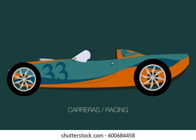 retro modern race car, side view, flat styled