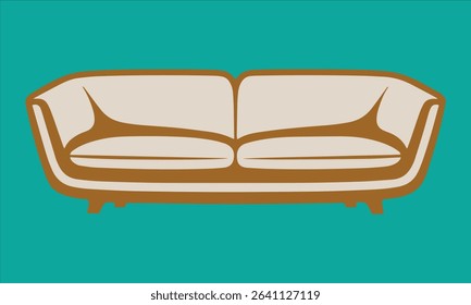 Retro modern sofa illustration on a teal background perfect for home decor and interior design