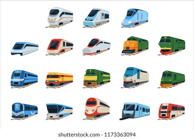 Retro and modern trains locomotive set, railway carriage vector Illustrations