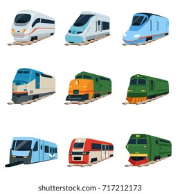 Retro and modern trains locomotive set, railway carriage vector Illustrations