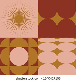 Retro modernism geometric pattern. Abstract Bauhaus geometric pattern background, vector circle, triangle and square, star, lines art design. Postcard, poster art, website headers, digital prints.