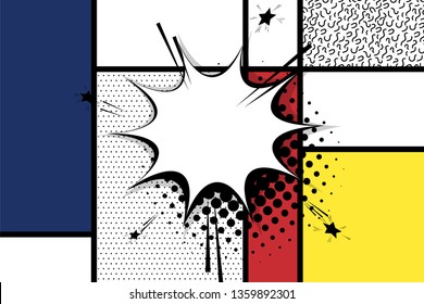Retro mondrian red yellow blue geometric background. Comic text speech bubble box. Minimal trendy fashion style poster. Line art design. Abstract neoplasticism. Grid geometry halftone shadow.
