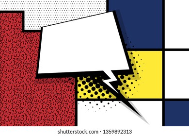 Retro mondrian red yellow blue geometric background. Comic text speech bubble box. Minimal trendy fashion style poster. Line art design. Abstract neoplasticism. Grid geometry halftone shadow.