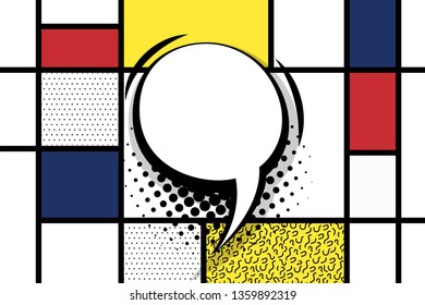 Retro mondrian red yellow blue geometric background. Comic text speech bubble box. Minimal trendy fashion style poster. Line art design. Abstract neoplasticism. Grid geometry halftone shadow.