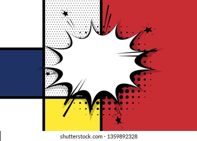 Retro mondrian red yellow blue geometric background. Comic text speech bubble box. Minimal trendy fashion style poster. Line art design. Abstract neoplasticism. Grid geometry halftone shadow.