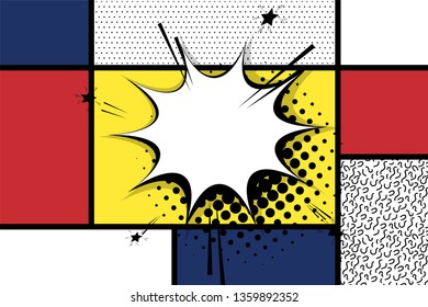 Retro mondrian red yellow blue geometric background. Comic text speech bubble box. Minimal trendy fashion style poster. Line art design. Abstract neoplasticism. Grid geometry halftone shadow.