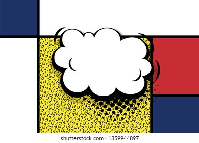 Retro mondrian red yellow blue geometric background. Comic text speech bubble box. Minimal trendy fashion style poster. Line art design. Abstract neoplasticism. Grid geometry halftone shadow.