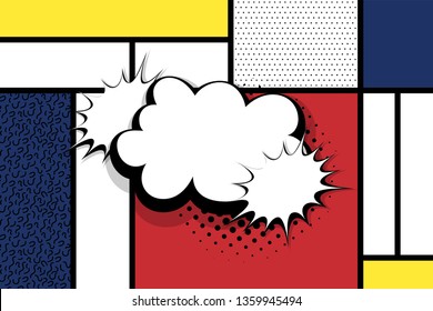 Retro mondrian red yellow blue geometric background. Comic text speech bubble box. Minimal trendy fashion style poster. Line art design. Abstract neoplasticism. Grid geometry halftone shadow.