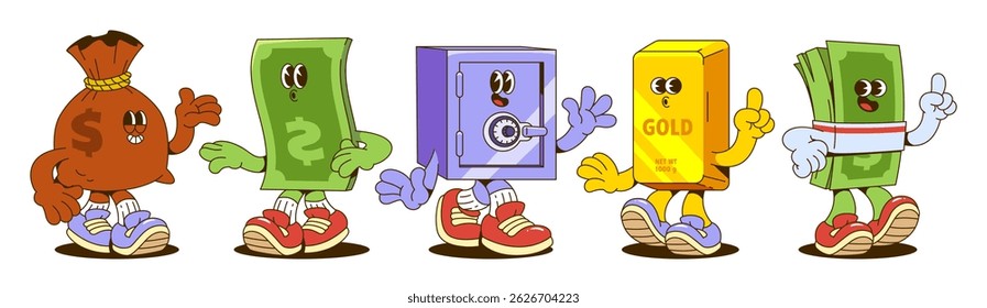 Retro money characters set isolated on white background. Vector cartoon illustration of old wallet, dollar bill, safe box, gold bar, cash mascots with face, hands and legs, groovy y2k finance stickers