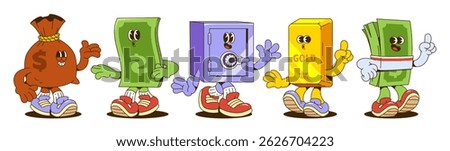 Retro money characters set isolated on white background. Vector cartoon illustration of old wallet, dollar bill, safe box, gold bar, cash mascots with face, hands and legs, groovy y2k finance stickers