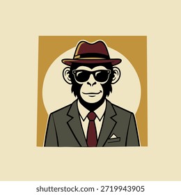 Retro Monkey Mascot Logo Wearing Suit Hat and Sunglasses Vector Illustration