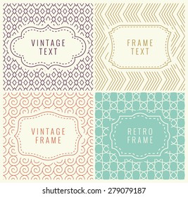 Retro Mono Line Frames with place for Text. Vector Design Template, Labels, Badges on Seamless Geometric Patterns. Minimal Textures