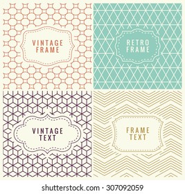 Retro Mono Line Frames with place for Text. Vector Design Template, Labels, Badges on Seamless Geometric Patterns. Minimal Textures