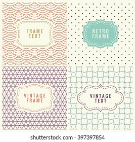 Retro Mono Line Frames with place for Text. Vector Design Template, Labels, Badges on Seamless Geometric Patterns. Minimal Textures
