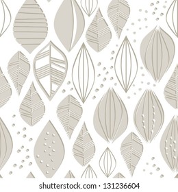 retro monochrome beige brown leaves and dots on white background seasonal seamless pattern