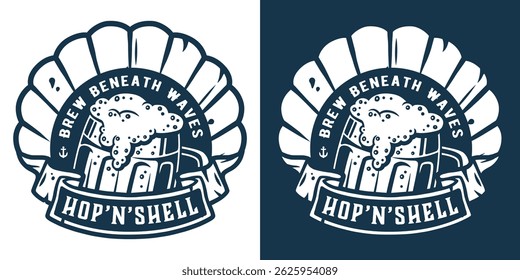 Retro monochrome nautical emblem with overflowing beer mug inside open scallop shell, ribbon banner below. Beer, sea brew, ocean brewing, nautical marine craft beverage design for brewery pub, bar