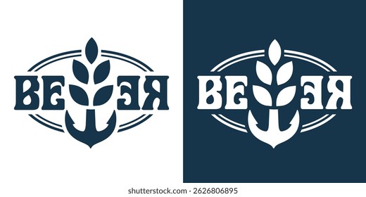 Retro monochrome rustic anchor entwined with wheat stalks. Beer logo, brew, sea bar, ocean, nautical marine theme for coastal pub or brewing label design.