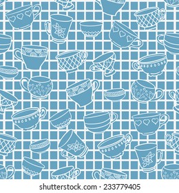 Retro monochrome seamless pattern with cute freehand cups on checked background