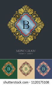 Retro Monogram design elements ornamental frame. Vintage ornament greeting card vector template. Retro wedding invitation, advertising or other design and place for text