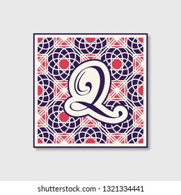 Retro monogram on ornamental tile background. Vector geometric emblem in moroccan style.