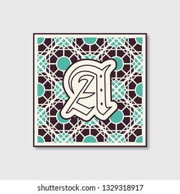 Retro monogram on ornamental tile background. Vector geometric emblem in moroccan style.