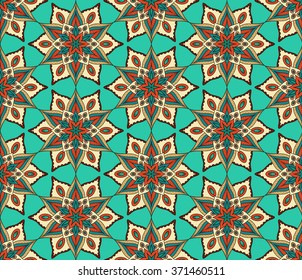 Retro Monoline Flower Seamless Pattern. Line design, dots elements. Floral background in turquoise, blue, sand, orange colors. Hippie boho chic. Vector flowers for fashion fabric or wallpaper.