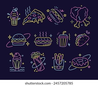 Retro Monoline Neon Vibrant 90' Fast Food Icon Line set Illustration Vector