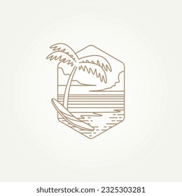 retro monoline surfing beach line art badge icon logo template vector illustration design. simple modern surf club, surf t-shirt or shop emblem logo concept