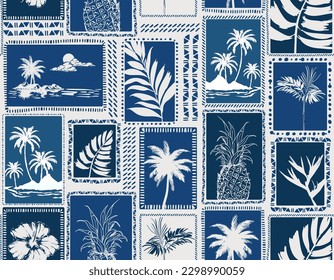 Retro Monotone Blue Tropical  palm trees silhouettes , Island , Leaves , flower repeat in retro style. Vector art Hand drawn illustration for summer design, print, exotic wallpaper, textile, fabric