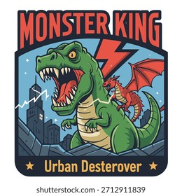 Diseño retro del parche del rey del monstruo con el dinosaurio y el rayo