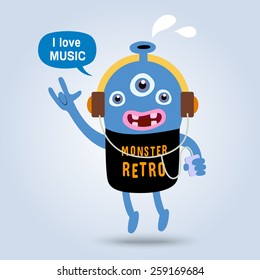 retro monster i love music. monster vector graphic