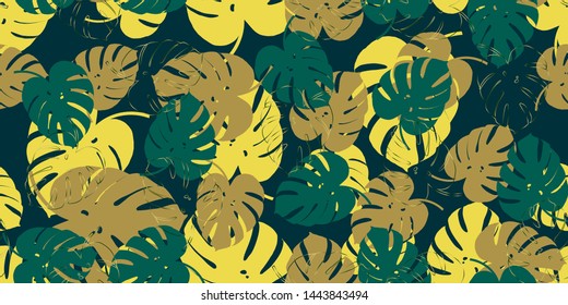 Retro monstera tropical seamless vector pattern with monstera's foliage background. Exotic.