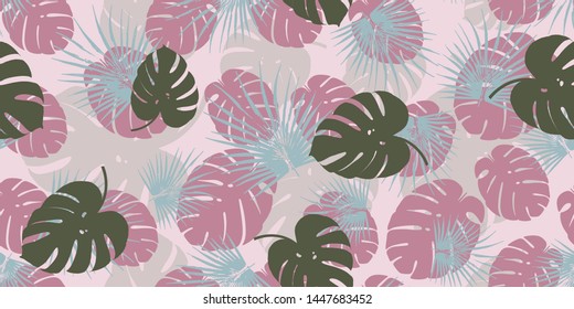 Retro monstera tropical seamless vector pattern with monstera's foliage background. Exotic.