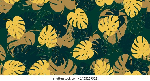 Retro monstera tropical seamless vector pattern with monstera's foliage background. Exotic.