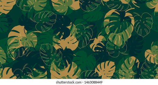 Retro monstera tropical seamless vector pattern with monstera's foliage background. Exotic.
