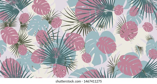 Retro monstera tropical seamless vector pattern with monstera's foliage background. Exotic.