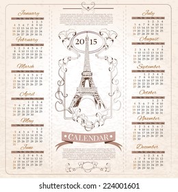 Retro months calendar for 2015 year with hand drawn france paris eiffel tower design template vector illustration