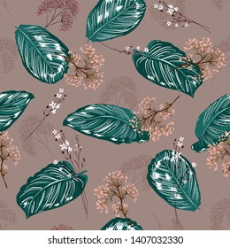 Retro mood Exotic tropical botanical  leaves and florals seamless pattern background design for fashion,web,wallpaper,fabric on stylish brown  background color