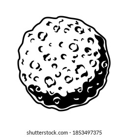 Retro moon or asteroid vector illustration. Monochrome tattoo as planet with craters. Astronomy and cosmos exploration concept can be used for vintage template, banner or poster