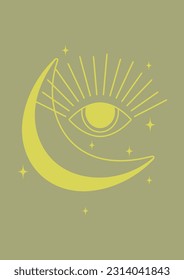 Retro moon and mystic eye printed wall art illustration. Tarot card