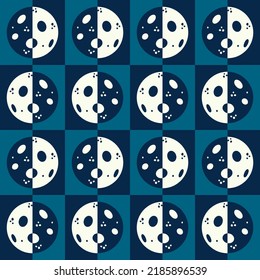 Retro moon phases - Square checks seamless pattern in blue and beige. Vector geometric illustration for science and sky lovers. More designs available in my vintage retro space exploration surface