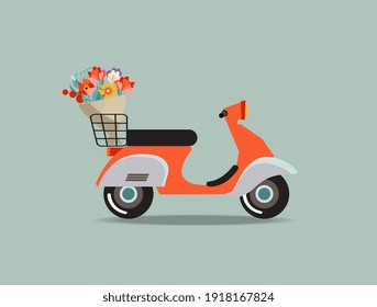 Retro moped with flowers in a basket. Vector illustration. 