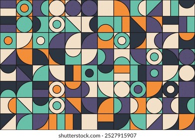 Retro mosaic pattern with colorful geometric shapes, including circles and tiles in green, orange, purple, and beige