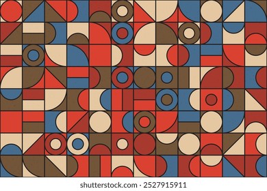 Retro mosaic pattern with colorful geometric shapes, including circles and tiles in red, blue, brown, and beige. Abstract decorative design with a vintage feel and seamless repetition