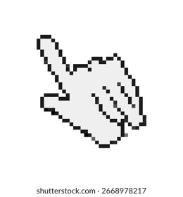 Un cursor de mano de píxeles de mosaico retro, diseñado en un estilo clásico de 8 bits, apuntando hacia arriba para uso digital.