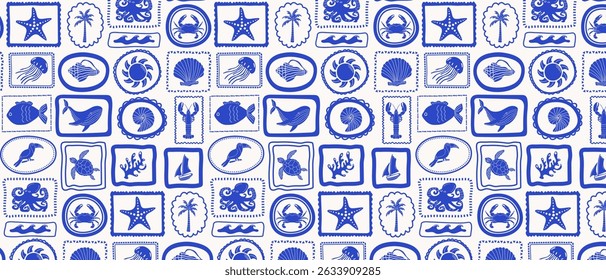 Retro mosaic of sea creatures, shells, hand drawn, seamless tropical summer background. Vintage nautical pattern. Vector.