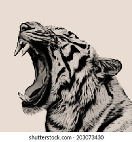 Retro mosaic style portrait of bengal tiger. Closeup Mask of the biggest cat with open chaps. Wild beauty of the most dangerous and mighty beast. Vector illustration. Square image