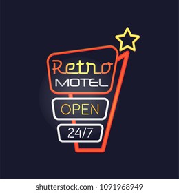 Retro motel open 24 7 neon sign, vintage bright glowing signboard, light banner vector Illustration