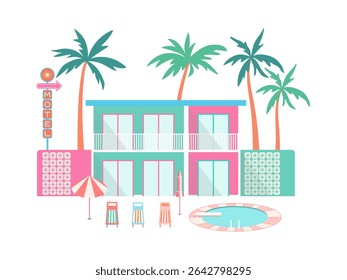 Illustration vectorielle de motel rétro. Bâtiment d'hôtel coloré de style moderne du milieu du siècle avec balcons, piscine, palmiers, chaises longues, parasol isolé sur fond blanc. Plage vacances d'été conception appartement