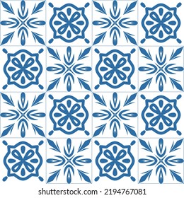 Retro motif of Azulejo ceramic tiles for decoration. Blue square geometric vector illustration